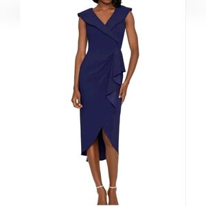 Betsy & Adam Women Dress Size 12 Blue Ruffle Tulip Hem Scuba Crepe Sheath New